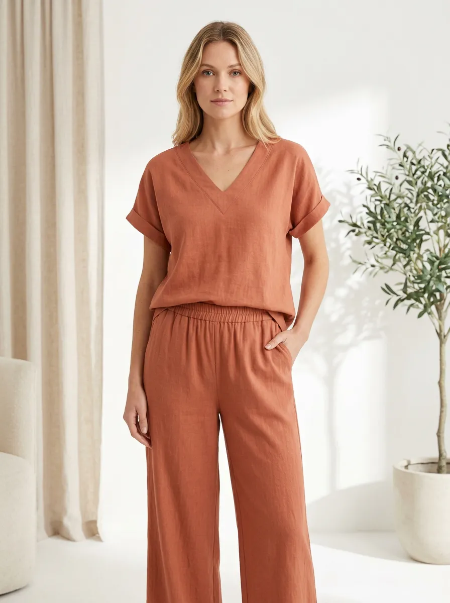 Pocket Minimalist Women's V-Neck Casual Lounge Set