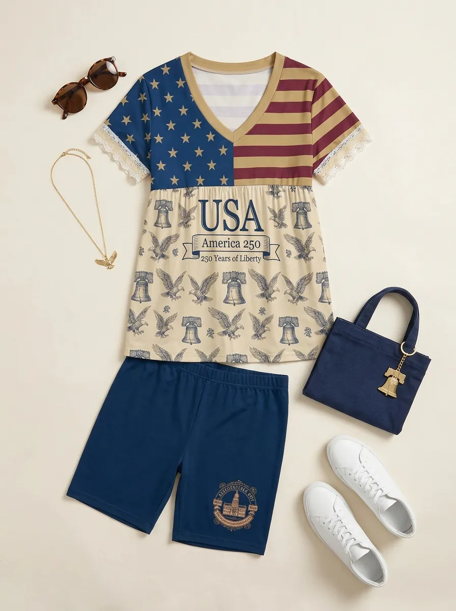 Women's USA 250th Anniversary Eagle Liberty Bell Printed Outfit Set