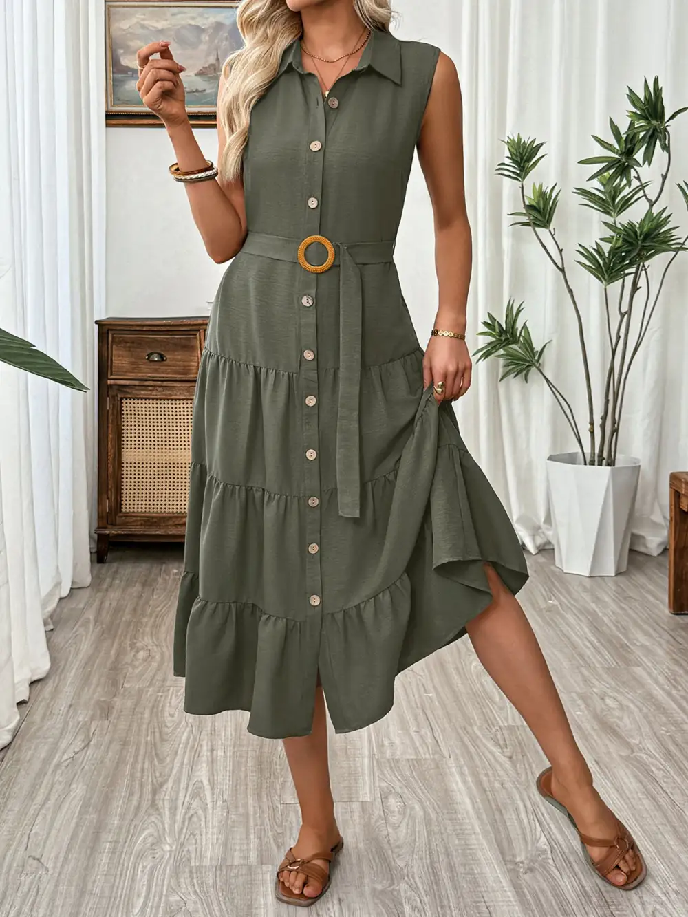 Button Front Tiered Sleeveless Midi Dress