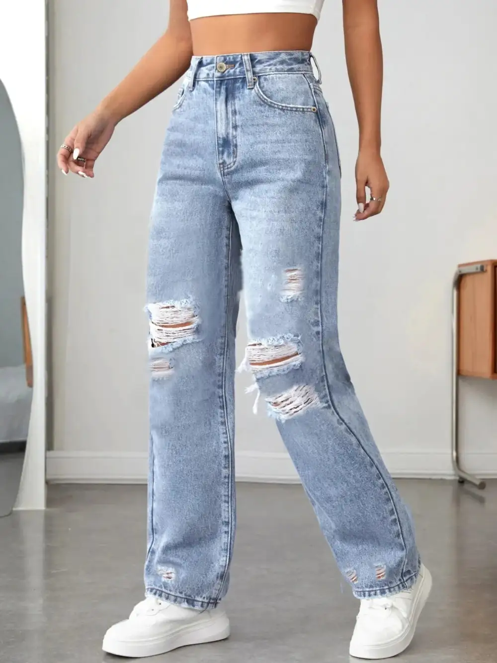 Relaxed High Waist Distressed Denim Jeans