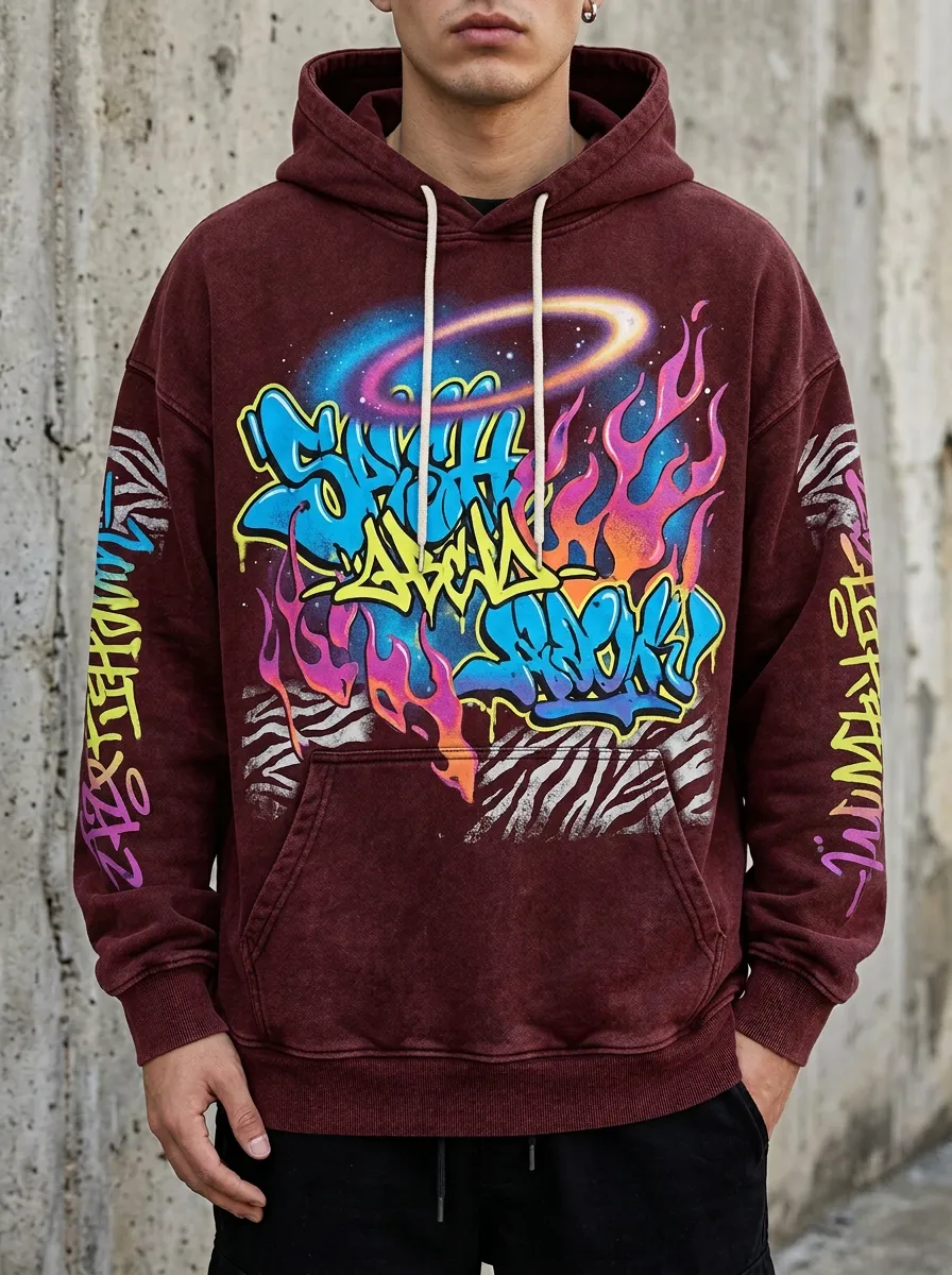 Unisex Streetwear Graffiti Halo Flame Zebra Graphic Hoodie