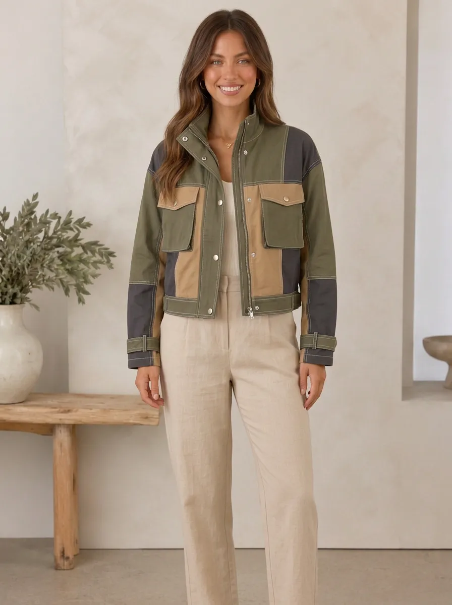 Women's Casual Outdoor Colorblock Patchwork Utility Jacket