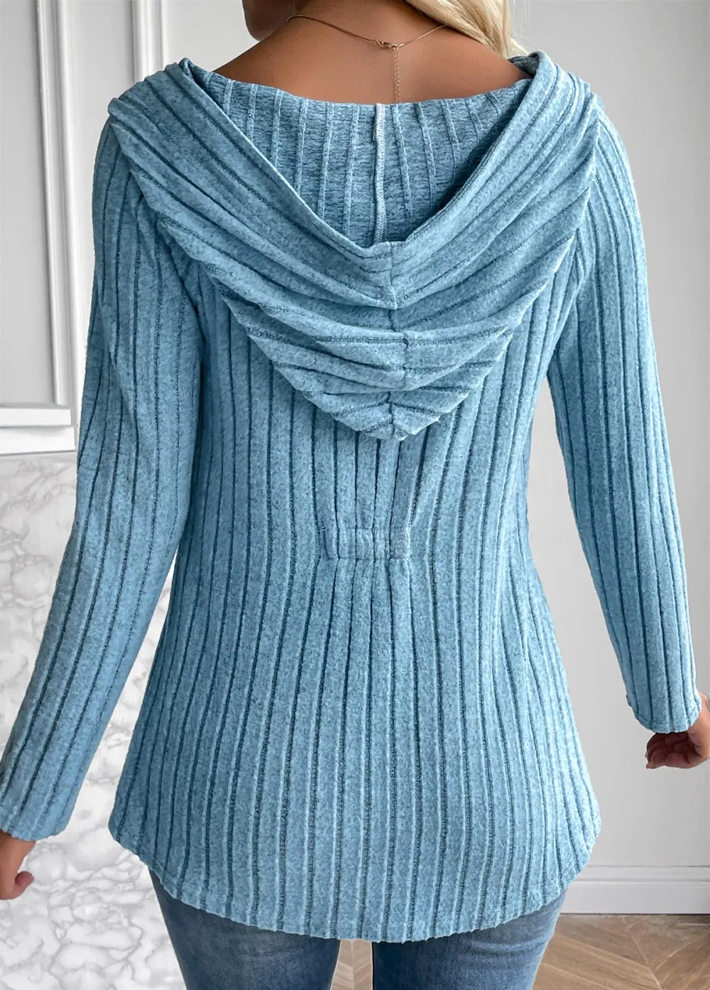 Dusty Blue Button Long Sleeve Hooded Coat