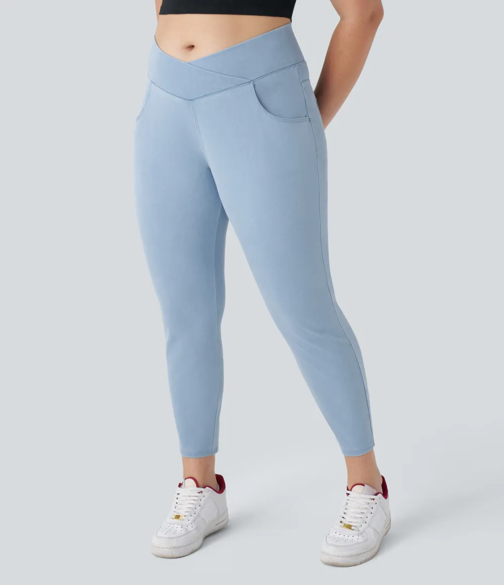 Magic High Waisted Crossover Multiple Pockets Stretchy Knit Denim 7/8 Plus Size Work Leggings