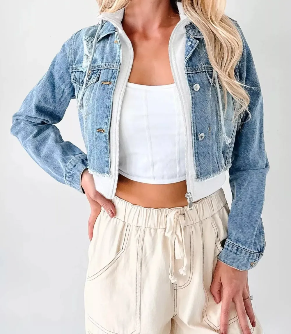 Distressed Zip Up Cropped Hooded Jacket