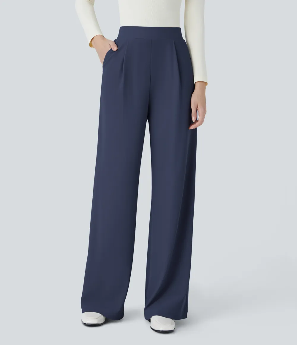  High Waisted Body Sculpt Waist-Slimming Side Pocket Wide Leg Micro Waffle Work Pants