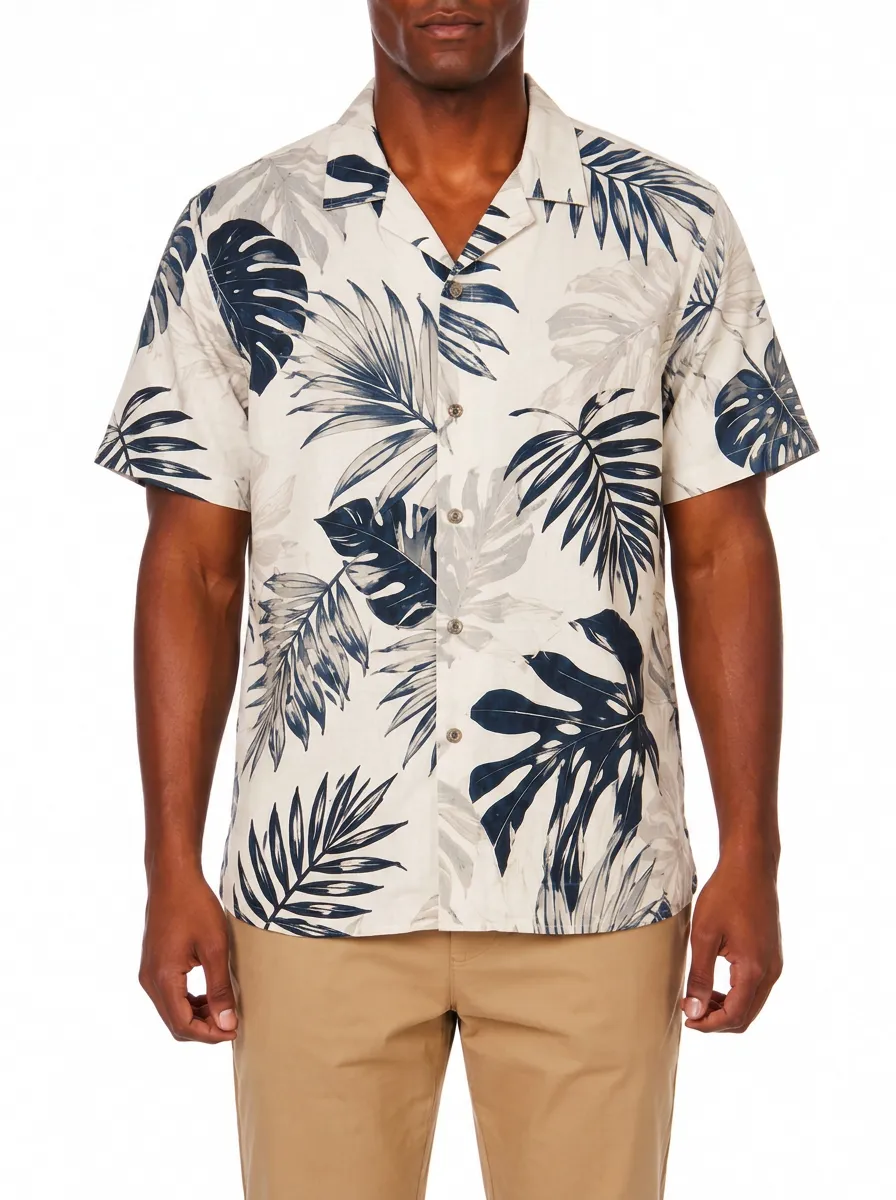 Men's Tropical Summer Vacation Navy Palm Leaf Printed Shirt