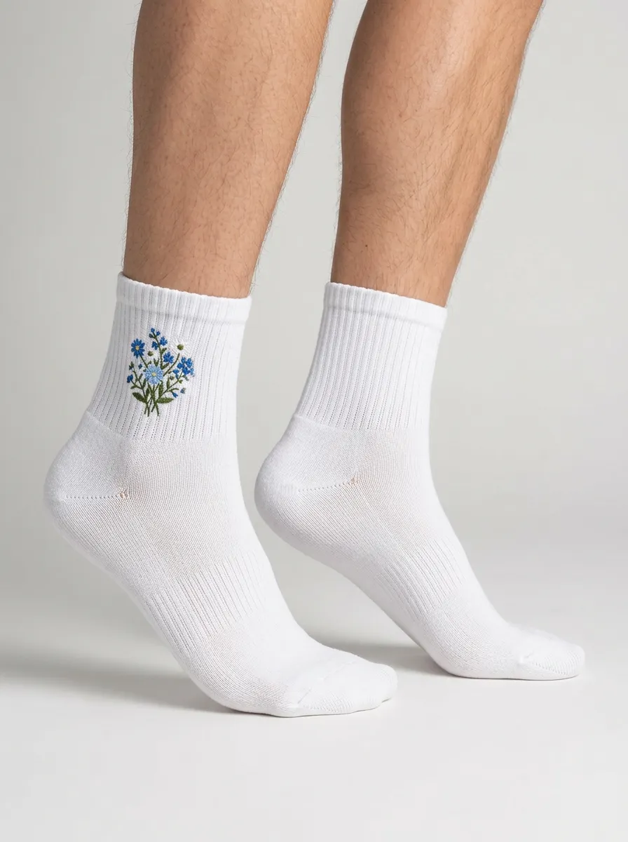 White Forget-Me-Not Floral Graphic Athletic Ankle Socks