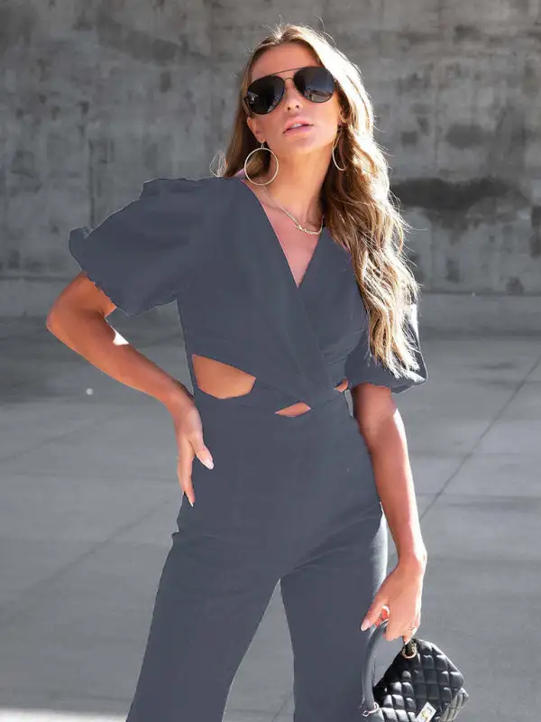 Denim Slim Puff Sleeve Crossover Waist Pants