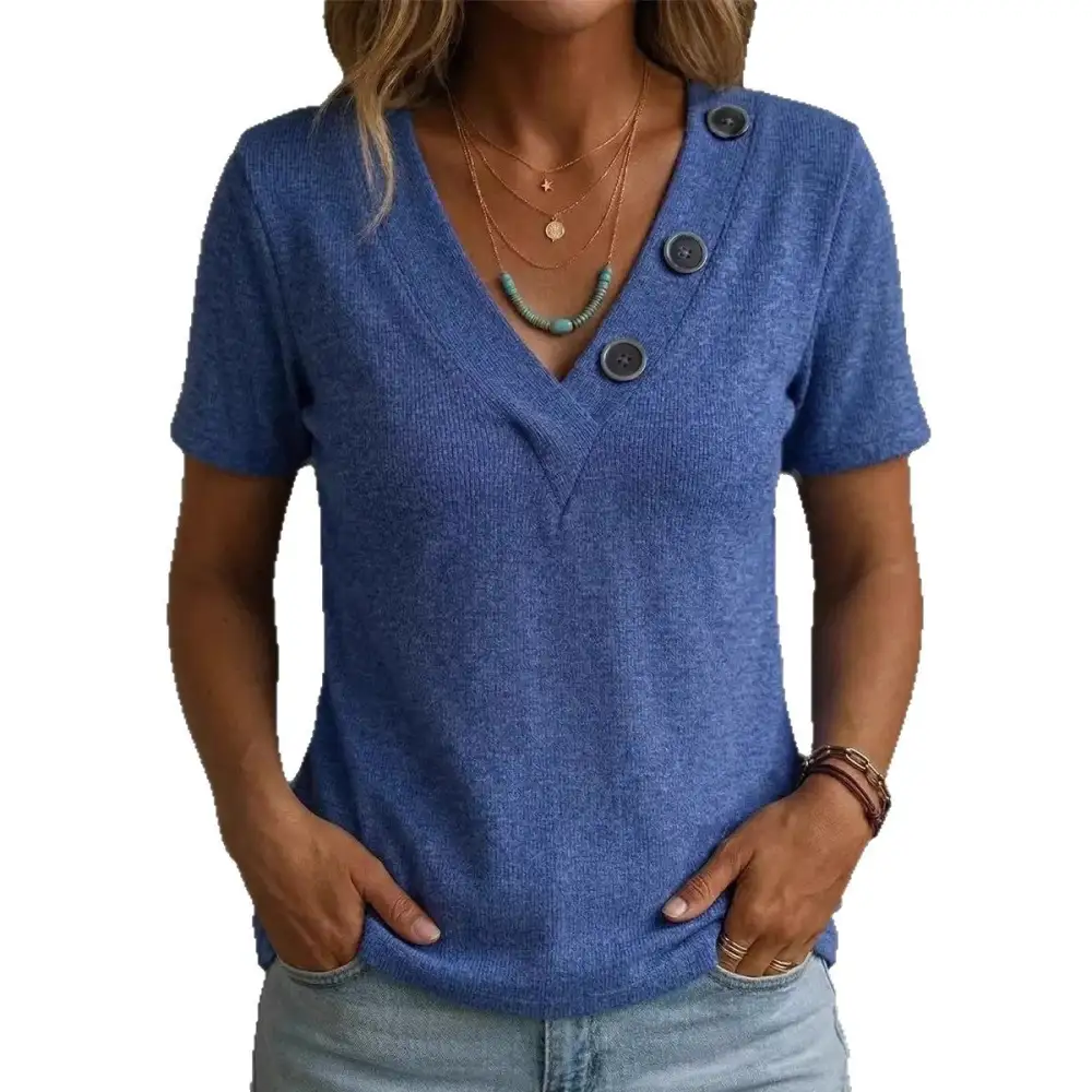 Button Detail V-Neck Tee