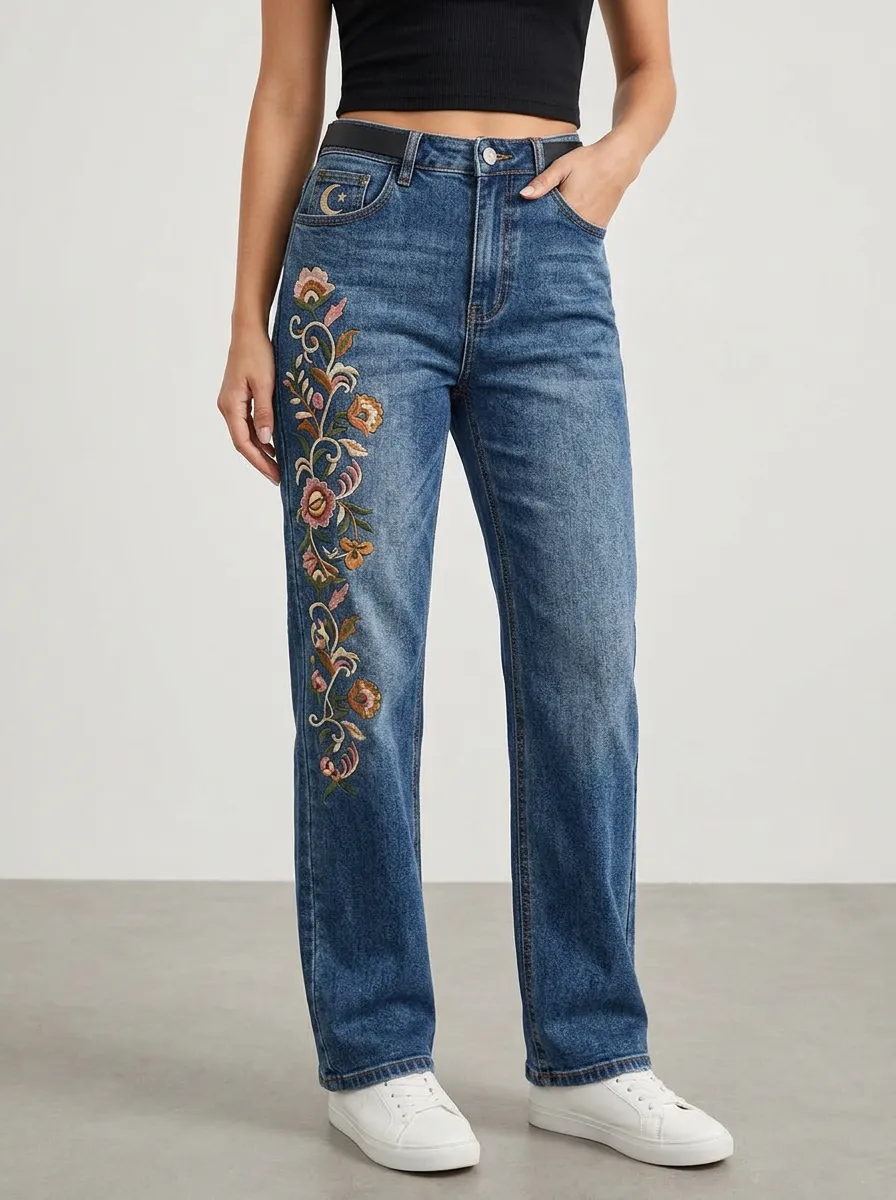 Women's Boho Floral Moon Embroidered Printed Straight Leg Jeans