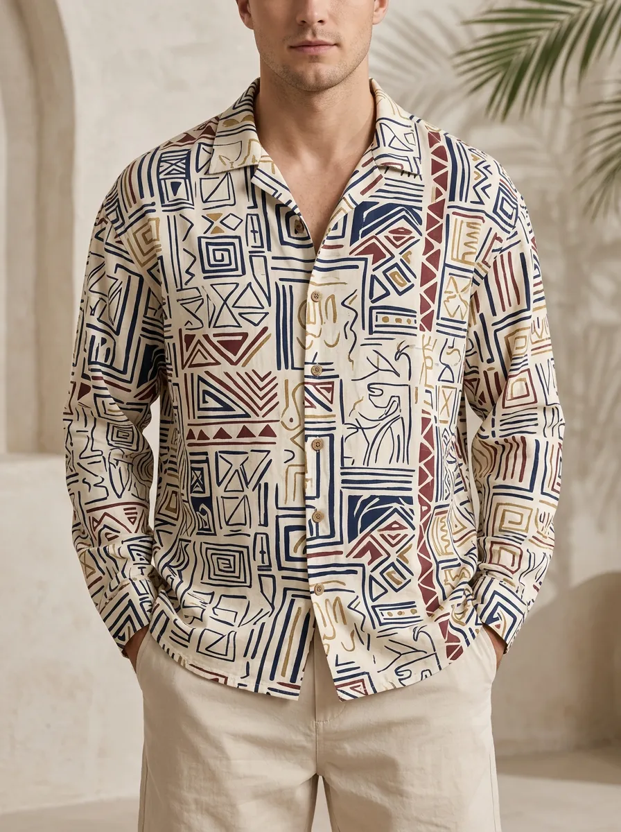 Men's Long Sleeve Geometric Tribal Printed Shirt