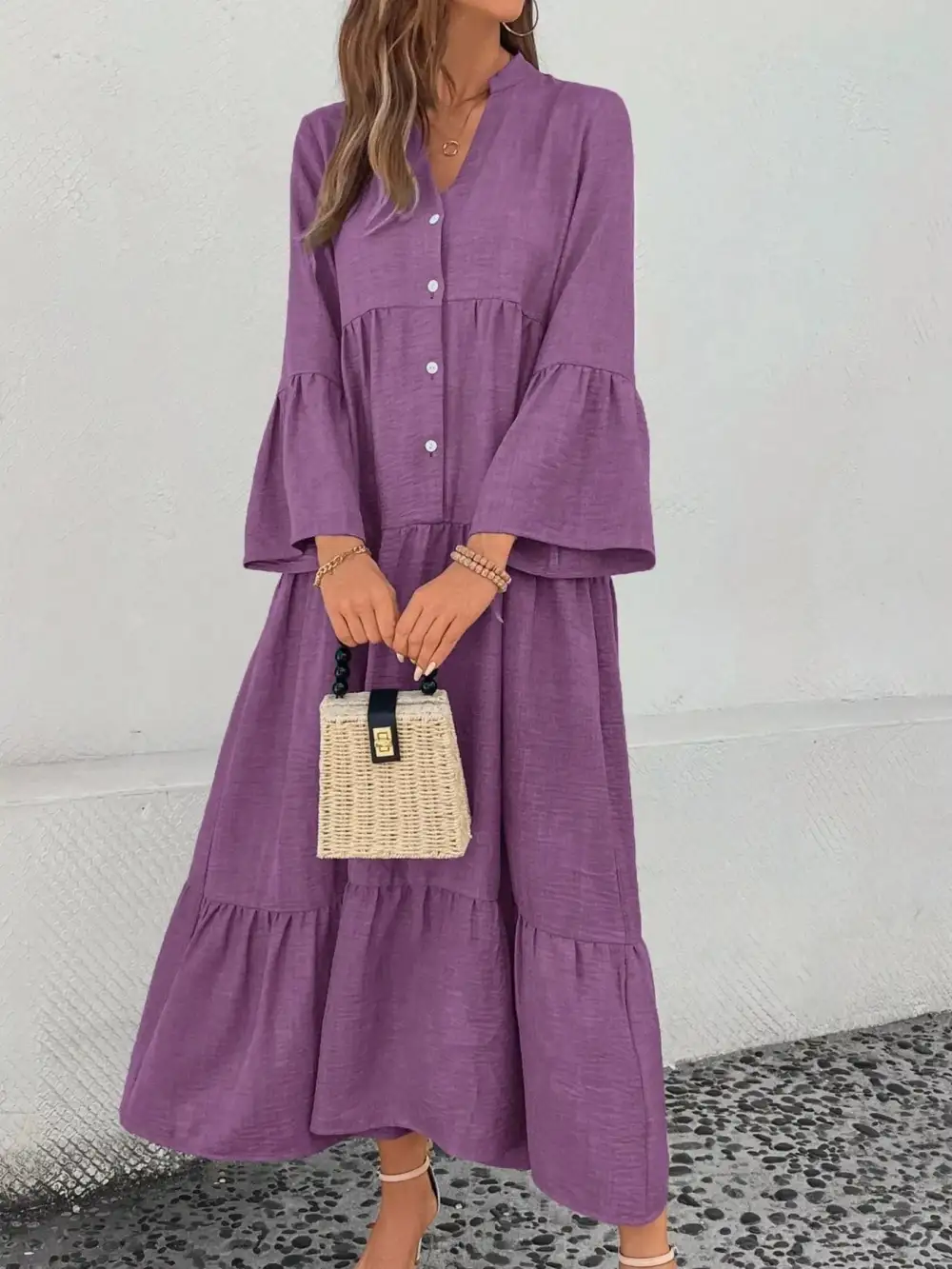 Button Front Ruffle Tiered Dress Casual