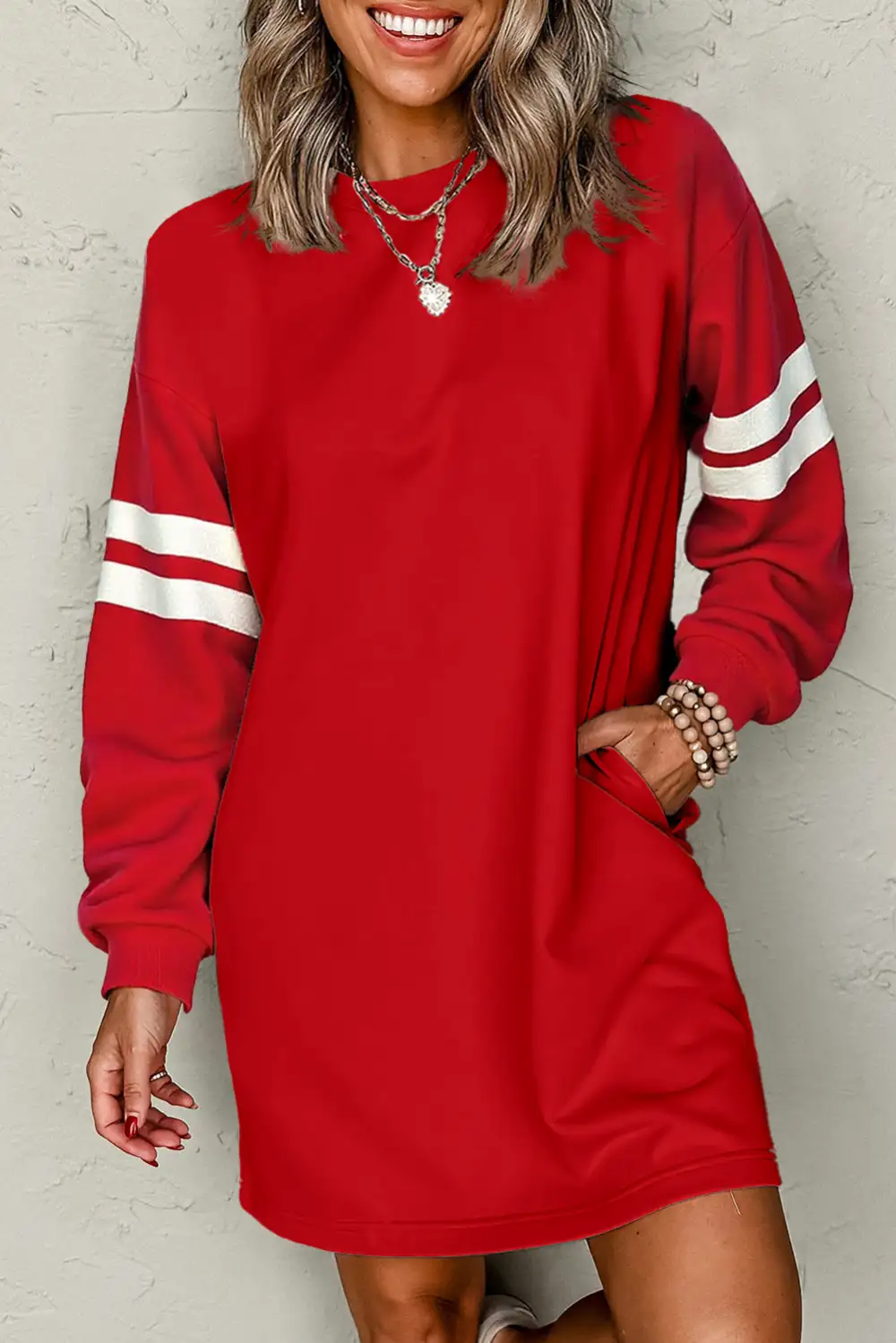 Fiery Varsity Contrast Banded Sleeve Shift Sweatshirt Dress
