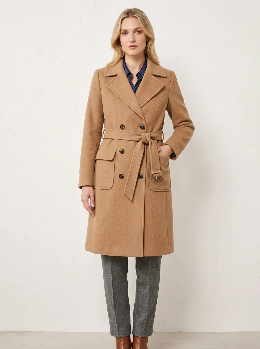 Women's Classic Camel Double-Breasted Belted Wool Coat