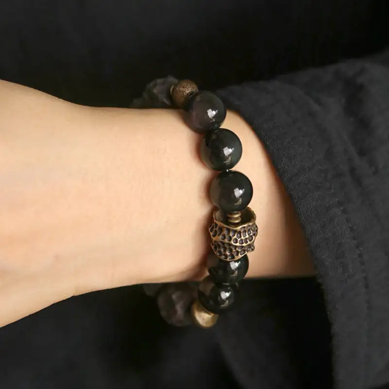 Obsidian Ebony Wood Copper Couple Bracelet