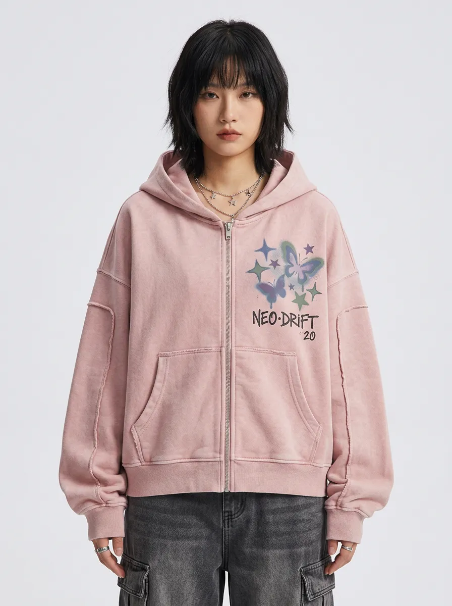 Women's Streetwear Butterfly Star Neo-Drift Printed Zip-up Hoodie