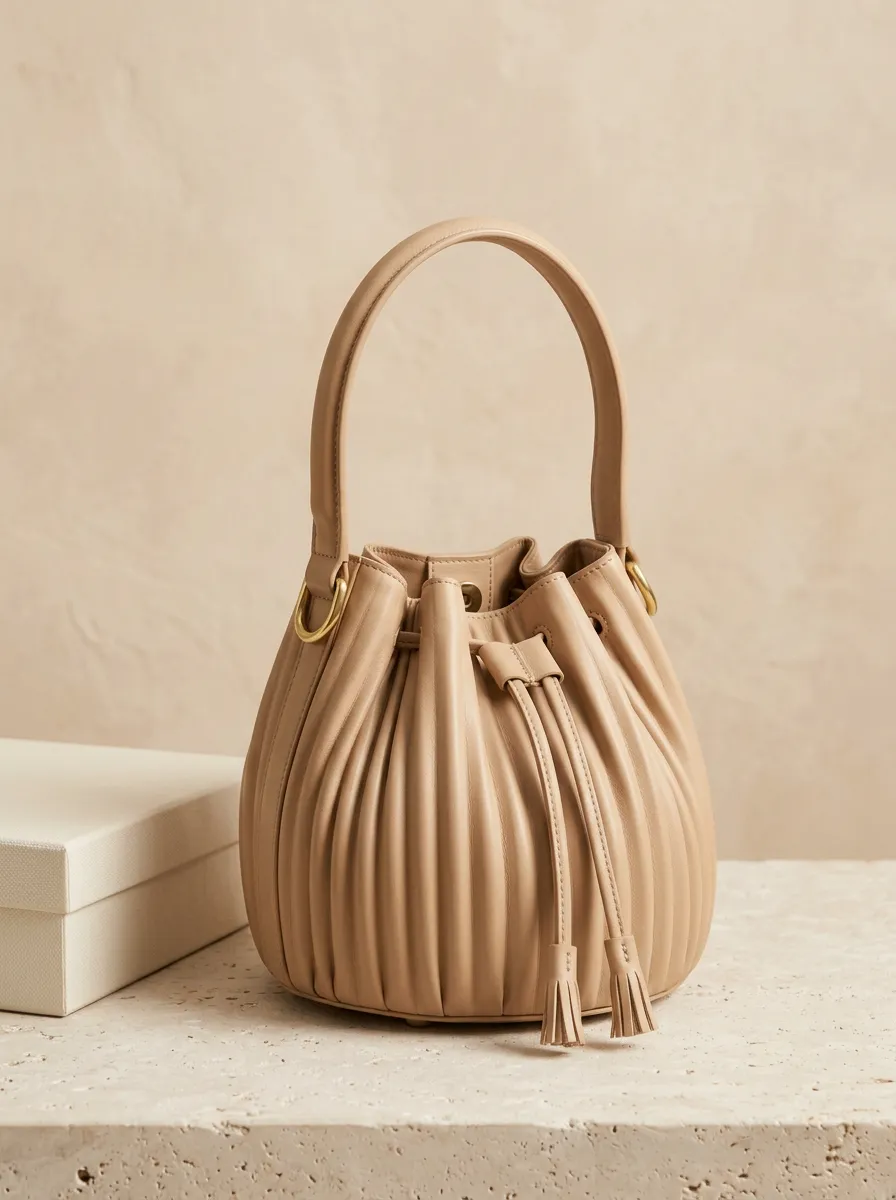 Women's Pleated Tassel-Detail Drawstring Single-Handle Bucket Bag