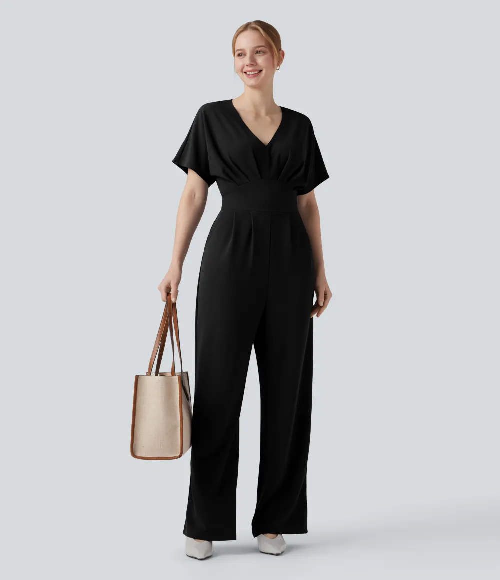 Wrinkle-resistant V-neck Batwing Sleeve Wide Leg Work Jumpsuit with Pockets-Easy Peezy