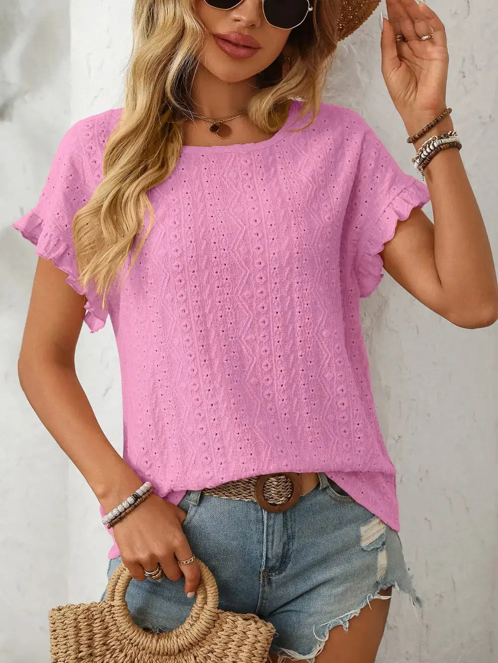 Mandy Eyelet Frill Round Neck Short Sleeve Top
