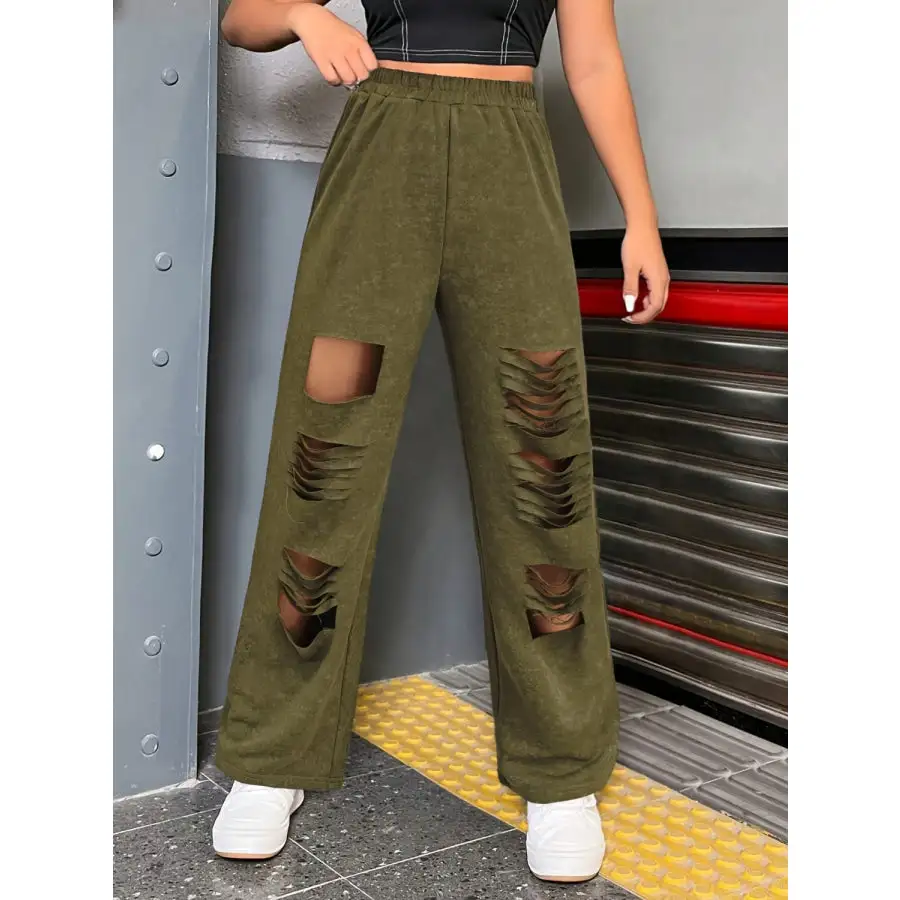 Distressed Elastic Waist Straight Leg Pants