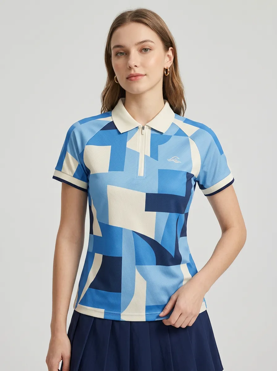 Women's Geometric Pattern Zip Polo Shirt