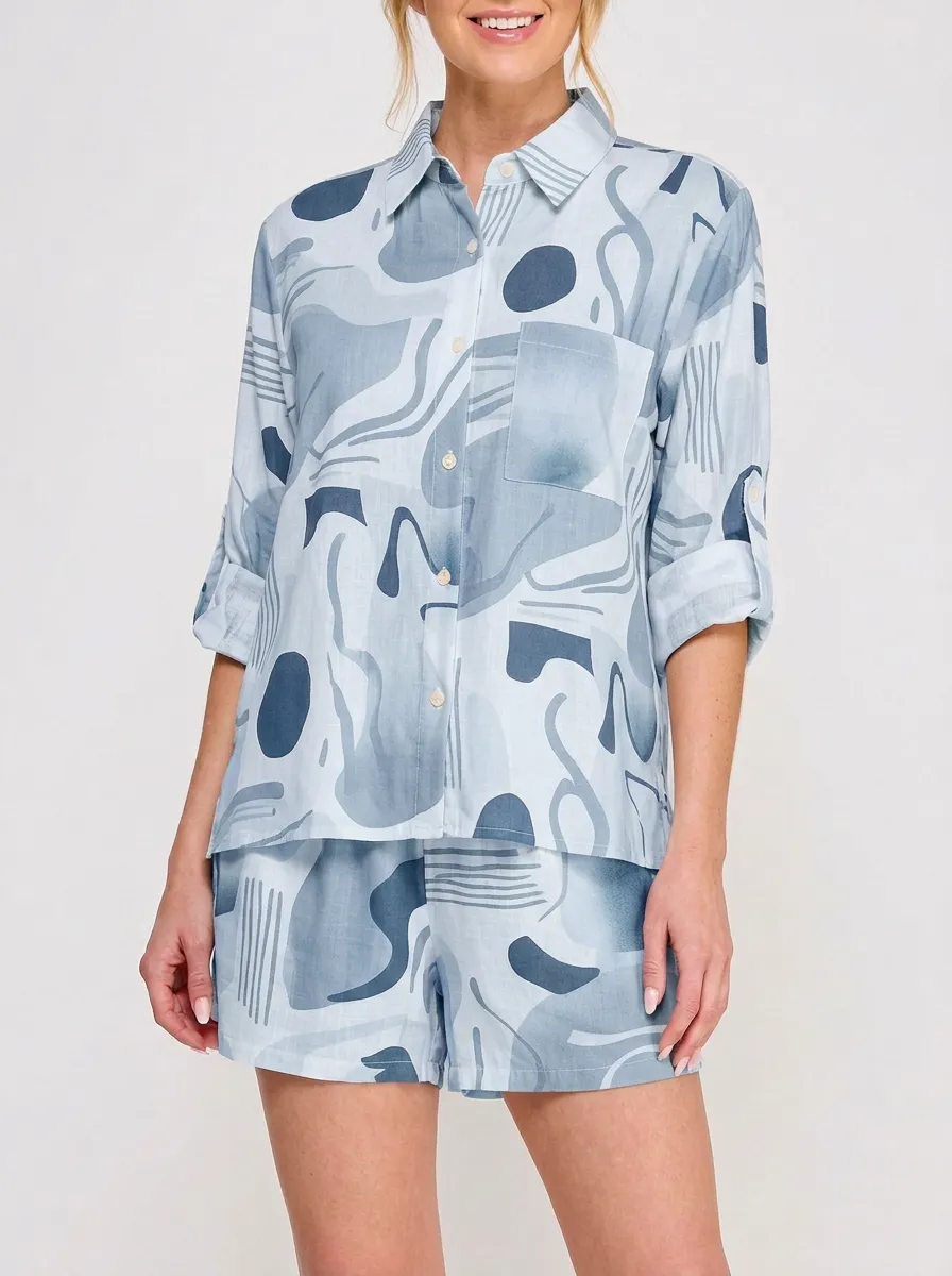 Women's Abstract Geometric Sage Green Printed Button-up Shirt