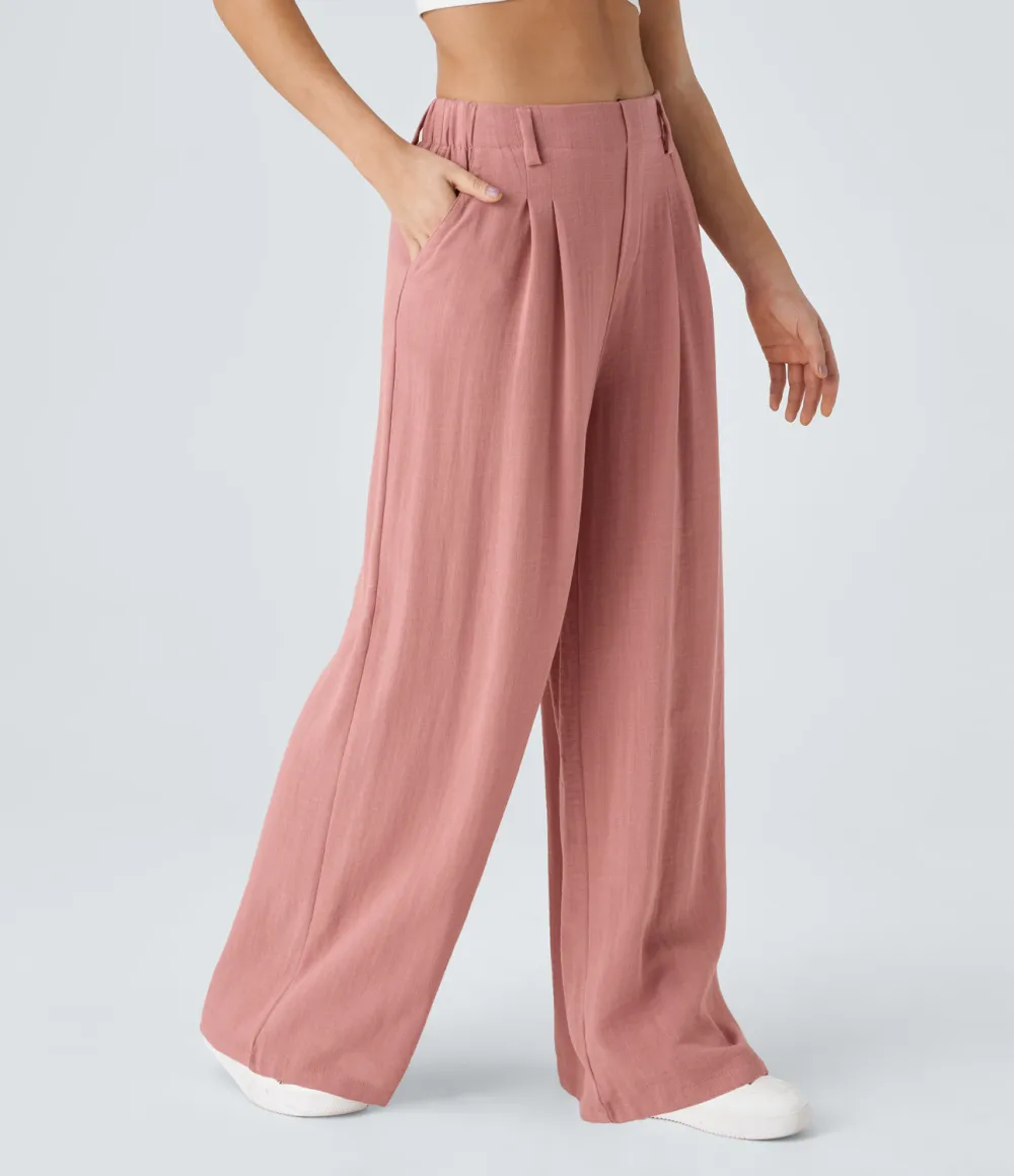 High Waisted Plicated Side Pocket Wide Leg Flowy Solid Palazzo Casual Linen-Feel Pants