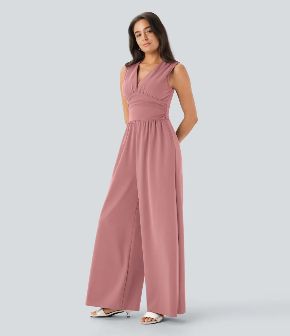 SculptKnit V Neck Sleeveless Ruched Pocket Jumpsuit-Easy Peezy