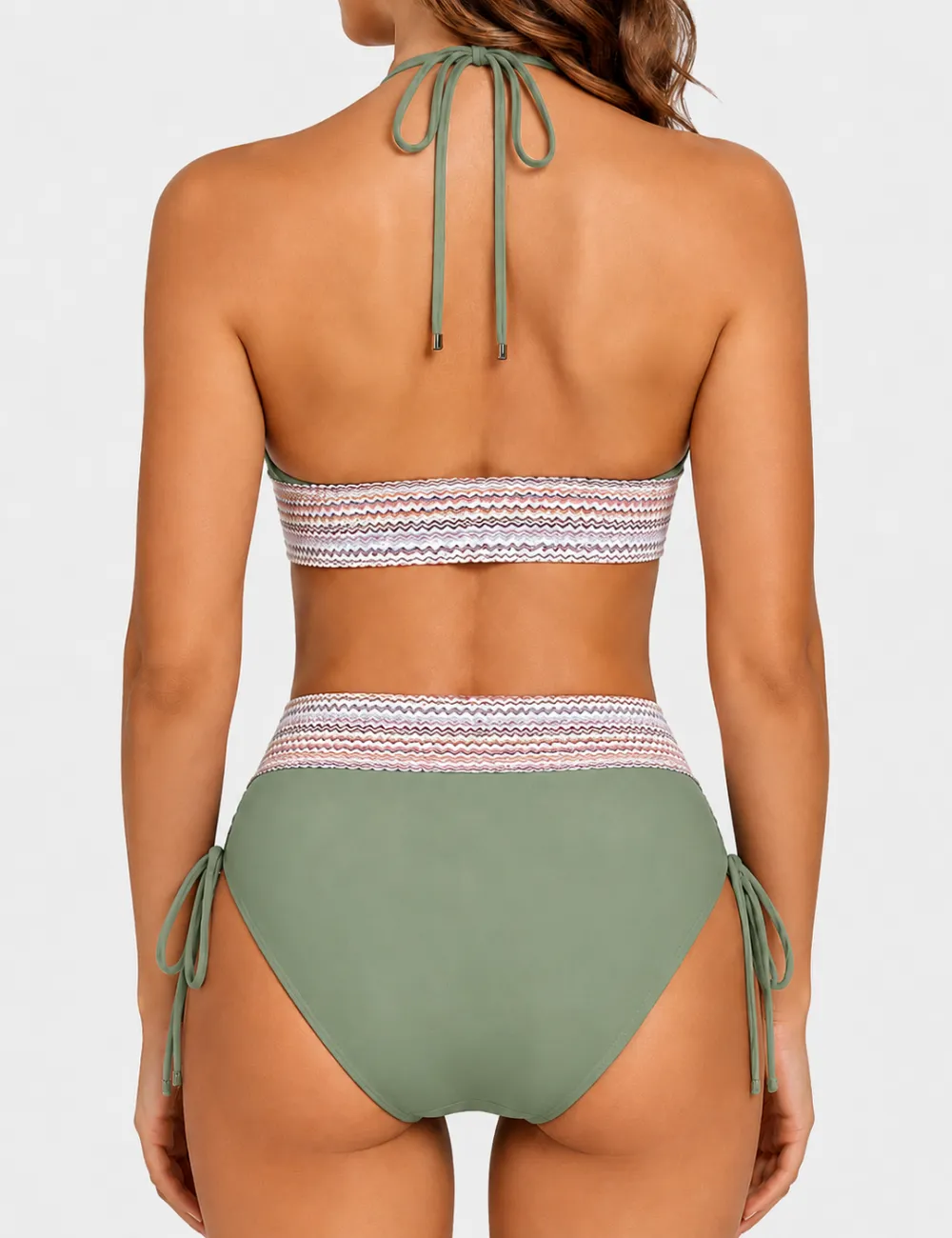 Deep V Neck Colorful Zigzag Smocked Trim Bikini Set