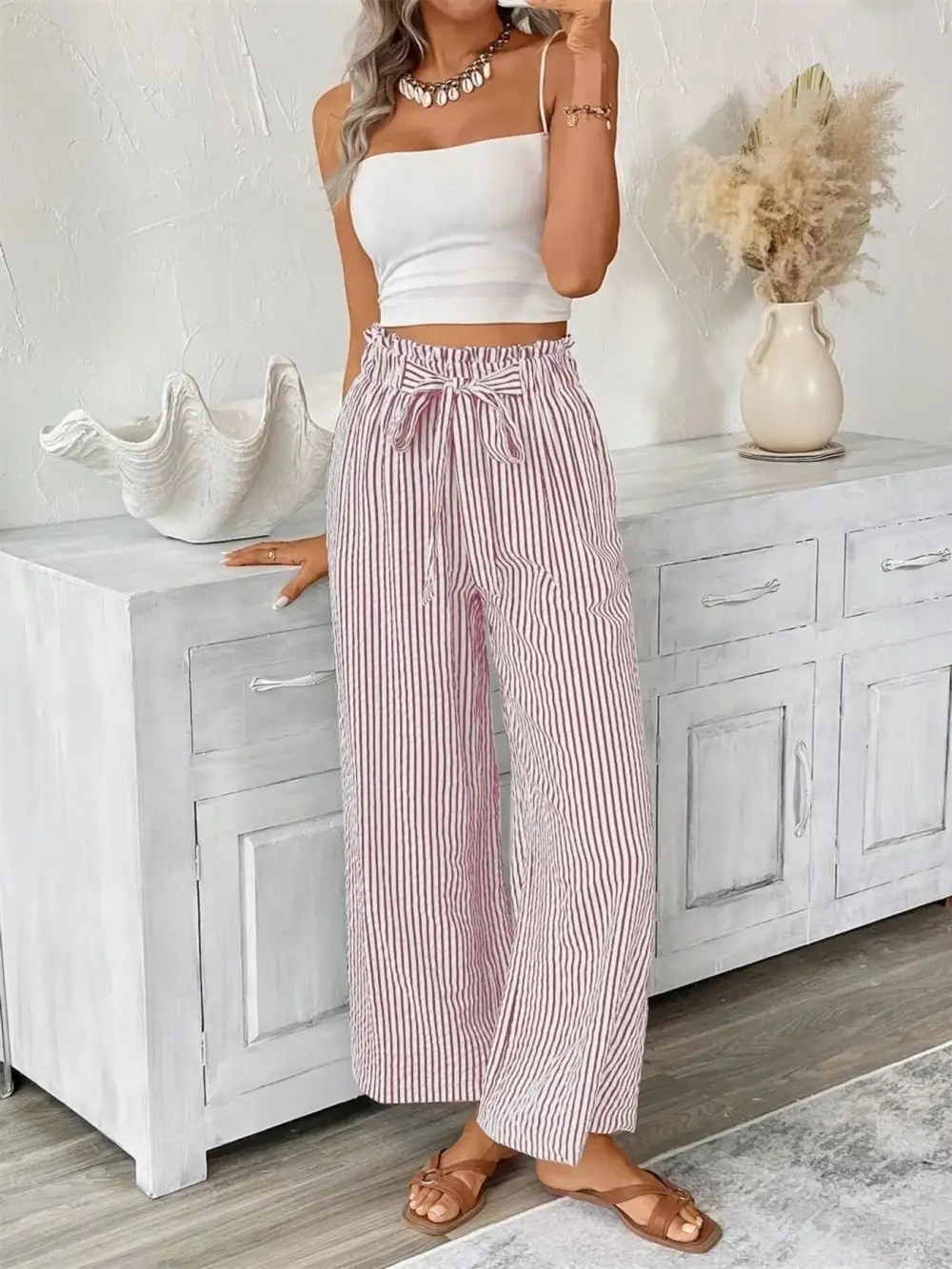 Wide Leg Paperbag Waist Striped Cropped Pants