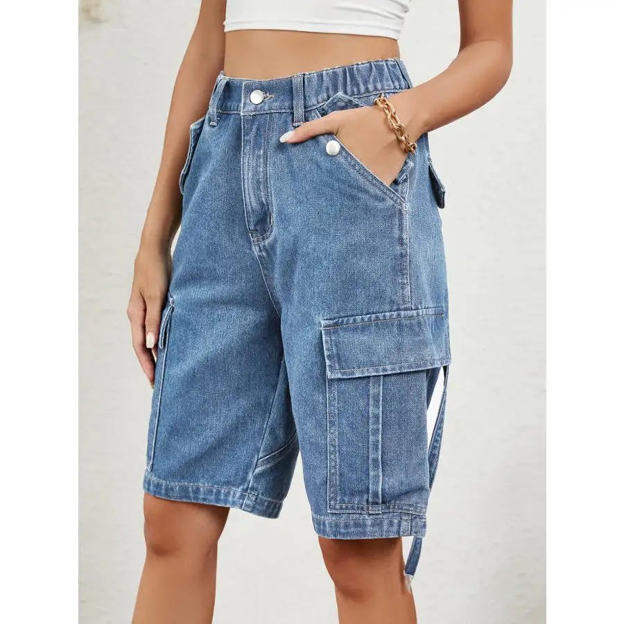 Buttoned Elastic Waist Denim Shorts with Pockets