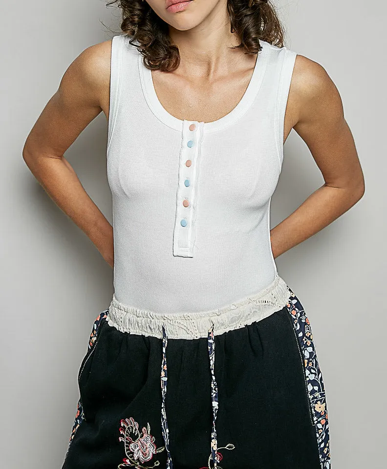 Colorful Button Round Neck Ribbed Tank