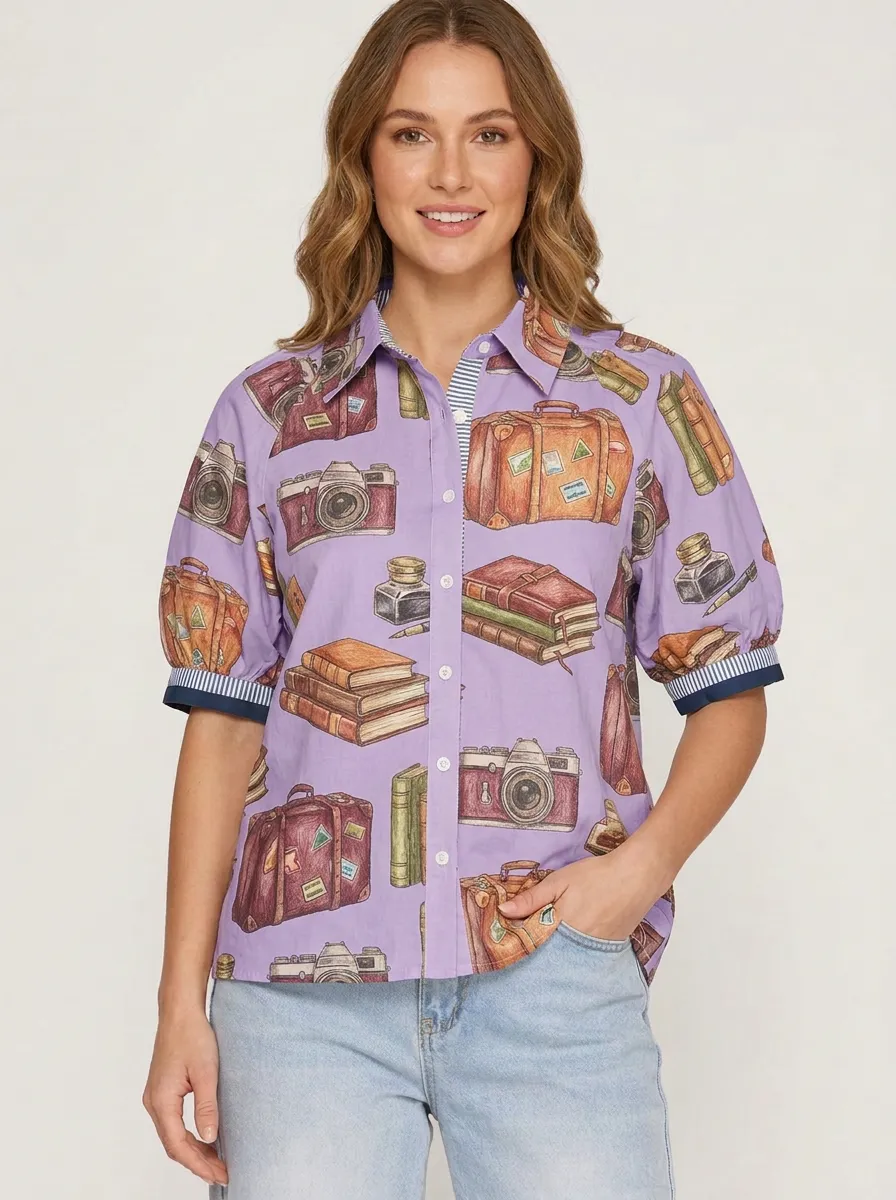 Women's Travel Enthusiast Camera Suitcase Book Printed Shirt