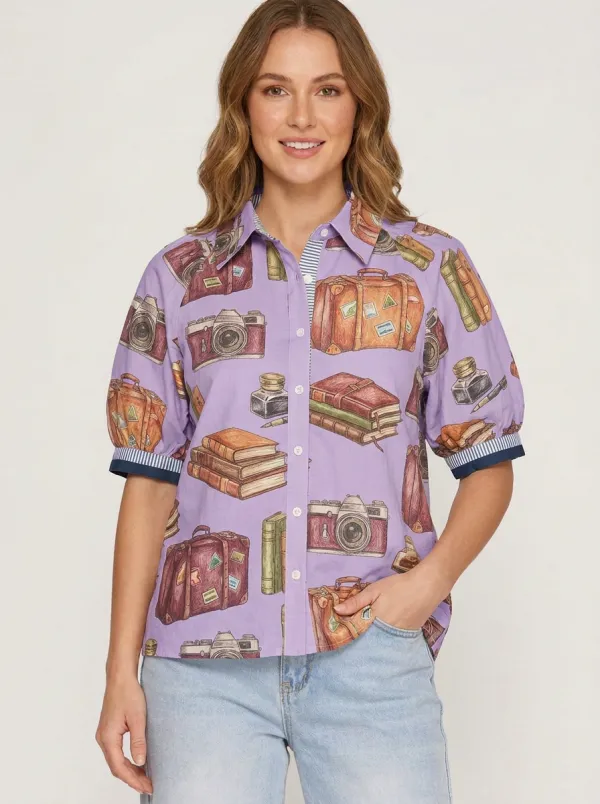 Women's Travel Enthusiast Camera Suitcase Book Printed Shirt