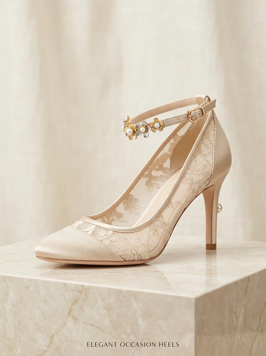 Pearl Floral Lace-Detail Embroidered Women's Formal High Heels