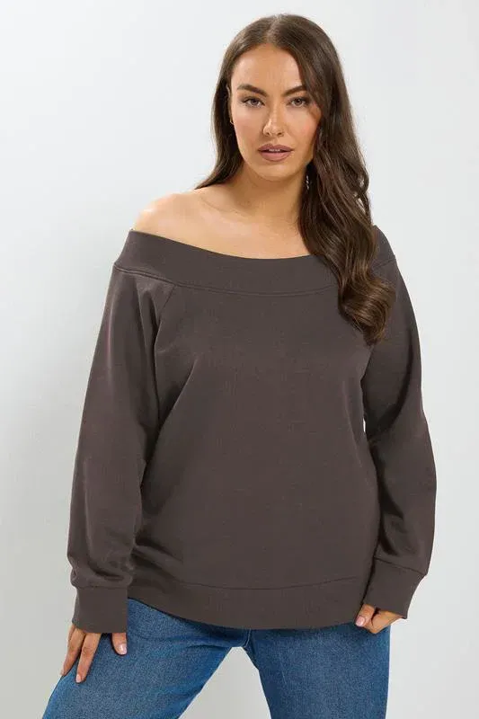Chocolate Brown Off Shoulder Ribbed Sweatshirt