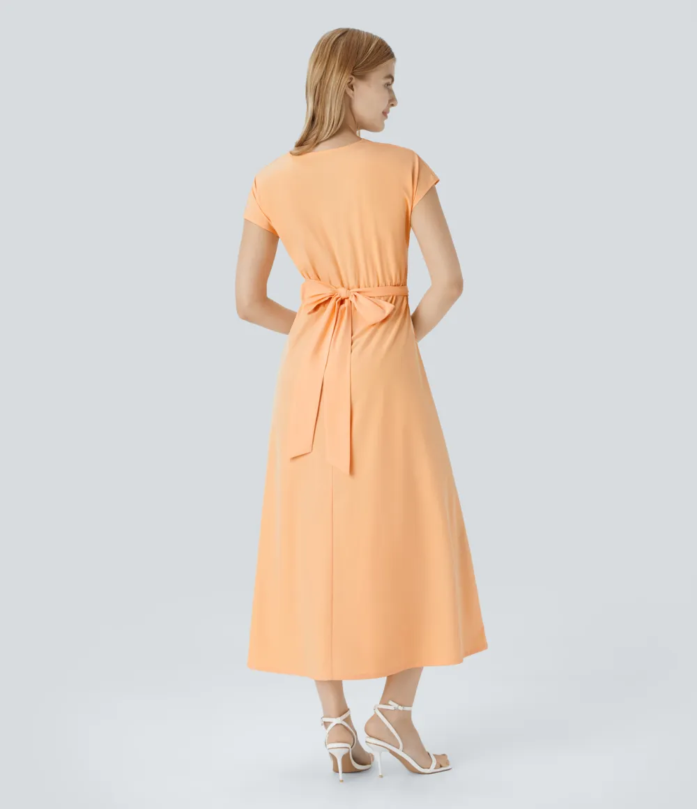 Breezeful V Neck Short Sleeve Side Pocket Tie Back Quick Dry Midi Casual Dress