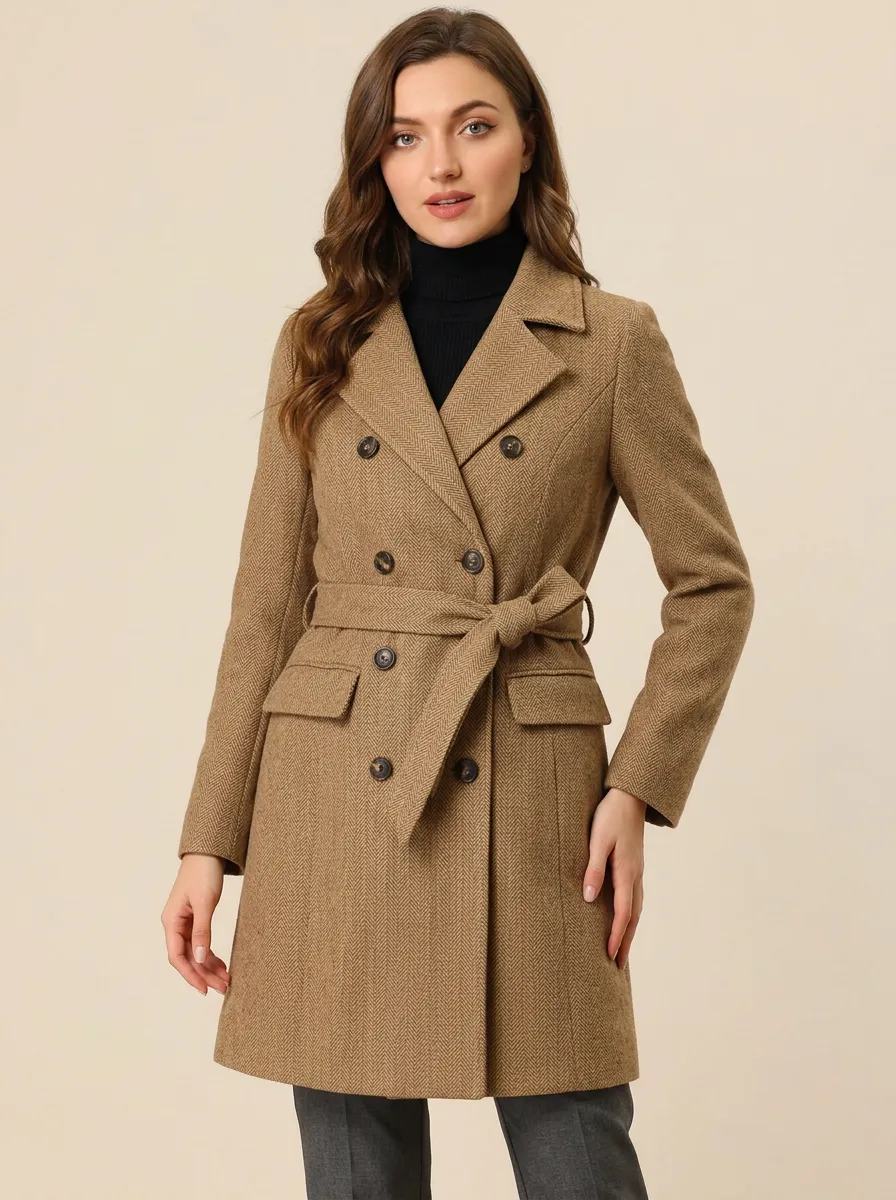 Women's Vintage Herringbone Pattern Double-Breasted Belted Coat