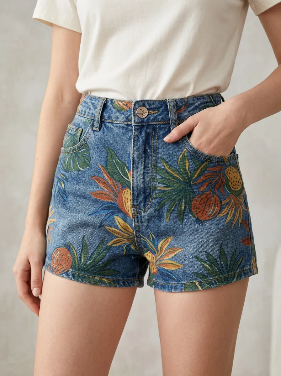 Women's Tropical Botanical Denim Printed Shorts