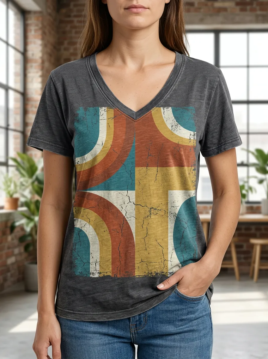 Women's Vintage Art Retro Geometric Abstract V-Neck T-Shirt