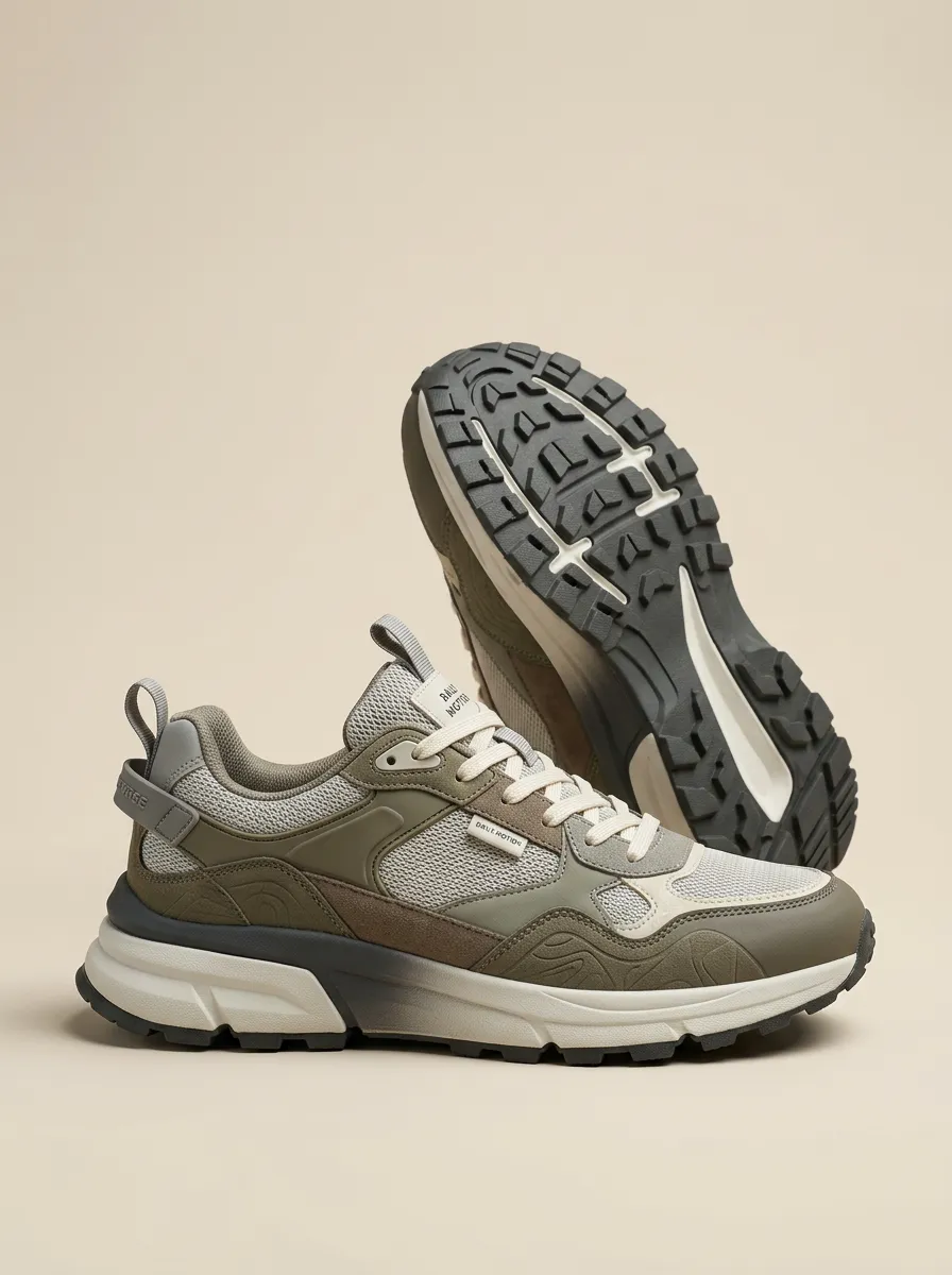 Panelled Hiking-Inspired Mesh-Panel Casual Sneakers