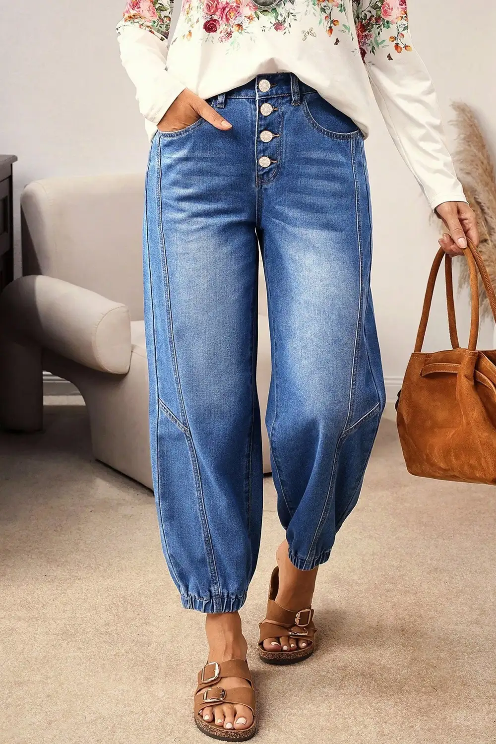 Women's Four Button Front Tapered Casual Loose Fit Jeans