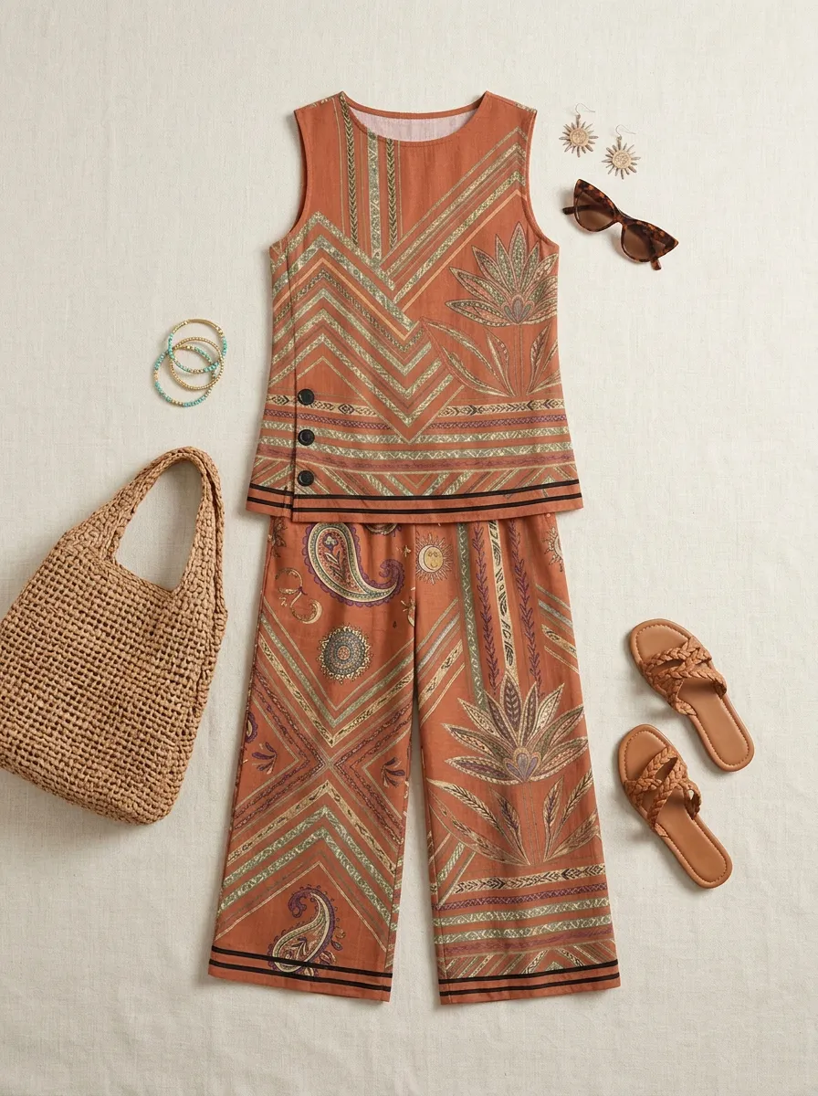 Women's Boho Paisley Geometric Printed Sleeveless Set