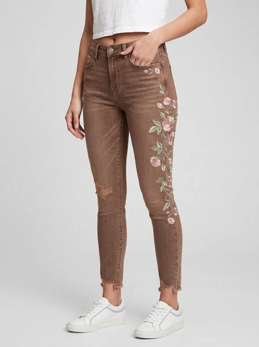Women's Floral Pink Rose Embroidered Graphic Slim Jeans