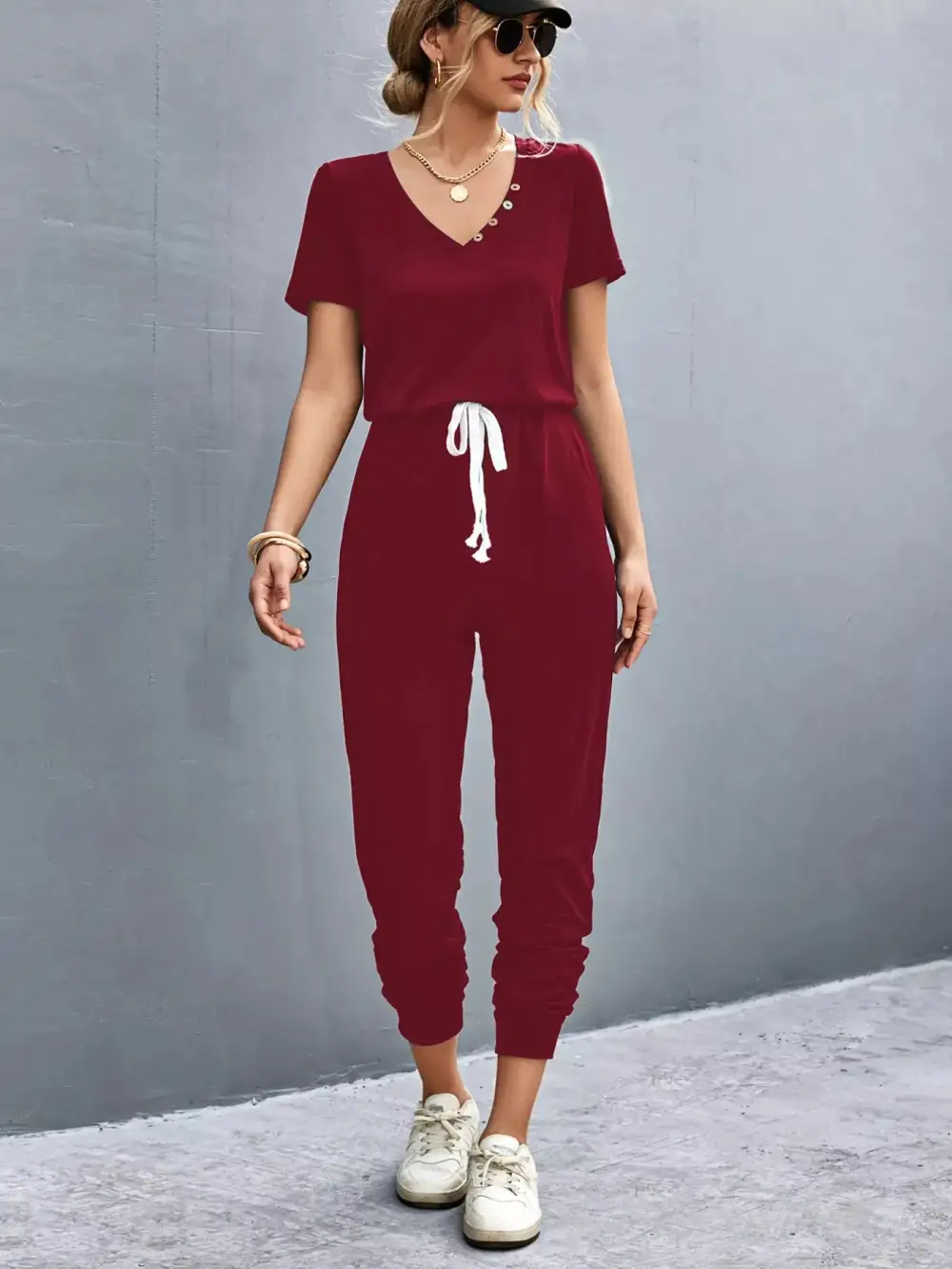 Casual V Neck Short Sleeve Drawstring Shorts