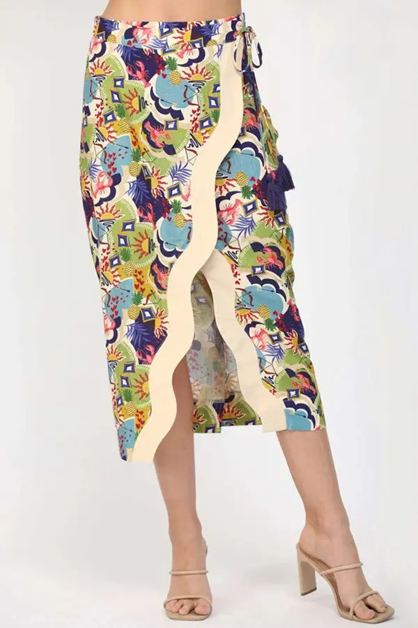 Multicolor Floral Wrap Front Midi Skirt