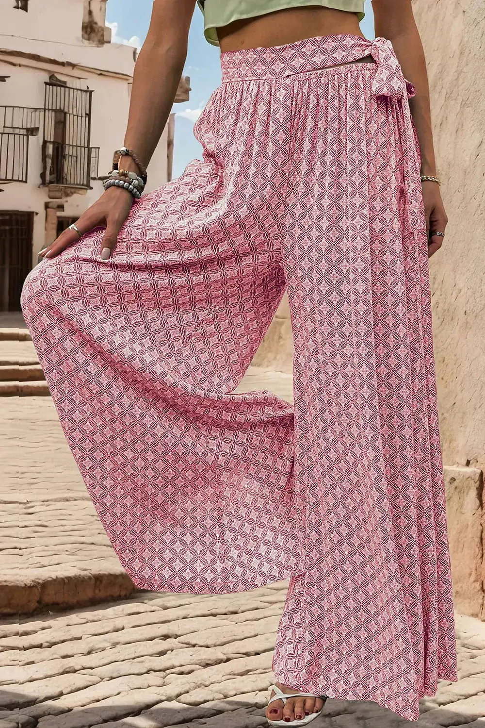 Wide Leg Tie Waist Printed Versatile Pants