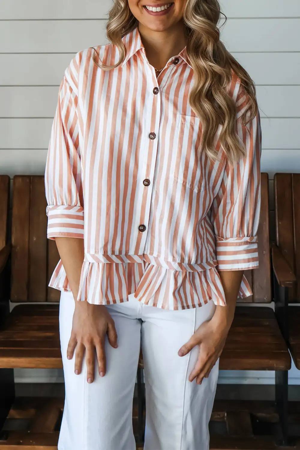 Women's Striped Bracelet Sleeve Button Front Blouse