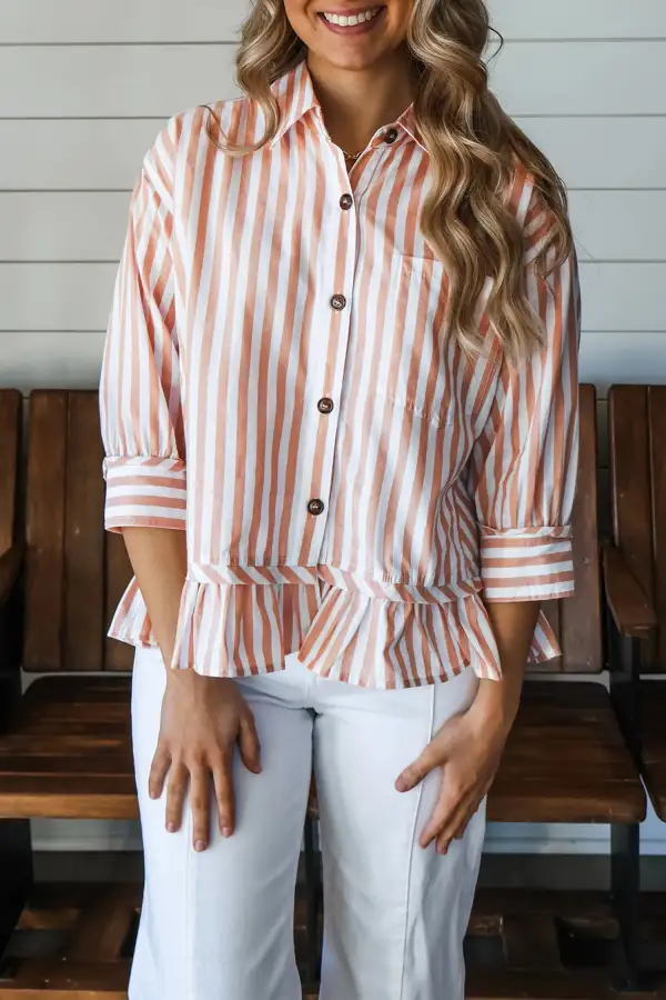 Women's Striped Bracelet Sleeve Button Front Blouse